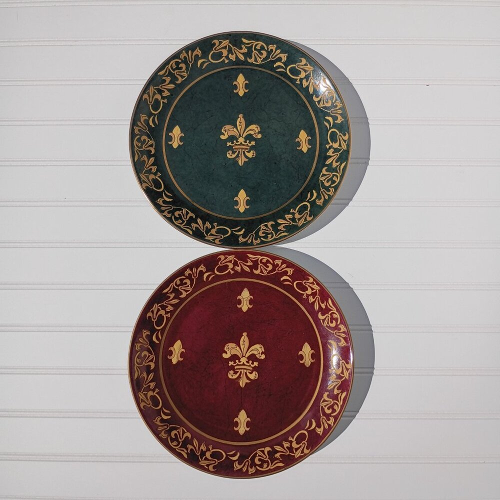Pair of Andrea by Sadek Decorative Plates Fleur-de-Lis Maroon Green Gold Regal - Picture 16 of 16